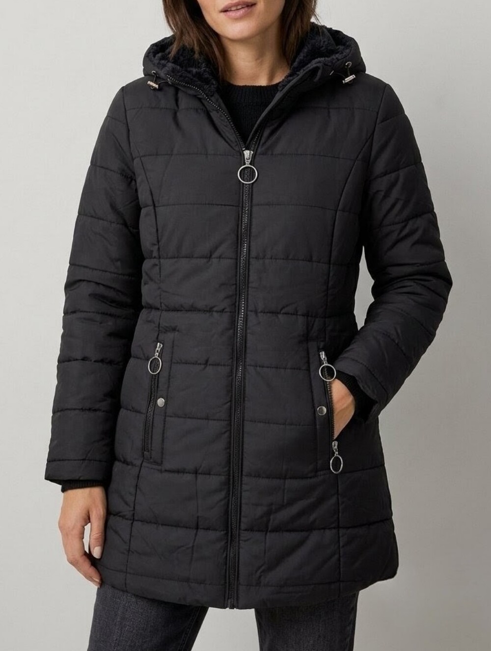 NWT Black Quilted Hooded Puffer Coat | Plush Fleece Lined Mid-Length Parka - S
